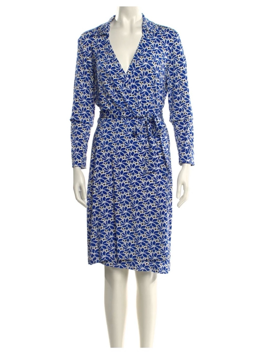 Diane Von Furstenberg Blue and White Long Sleeve Wrap Dress